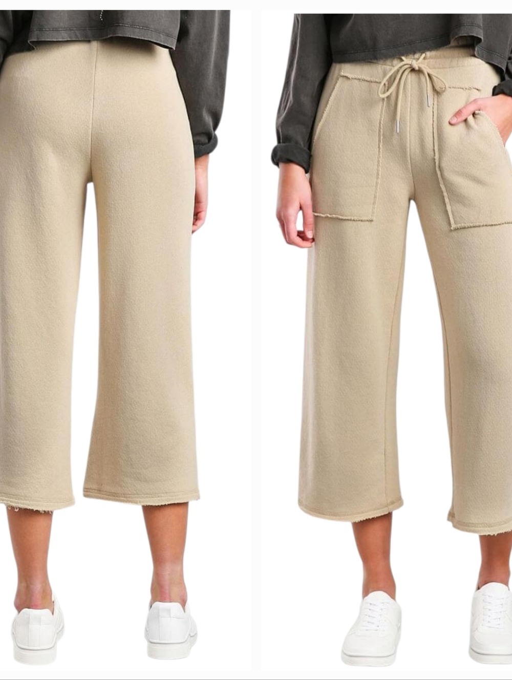 Z Supply Crop Wide-Leg Drawstring Pants - Light Beige